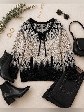 Free People Love Big Fair Isle Sweater Boho Chunky Knit Cozy Oversized